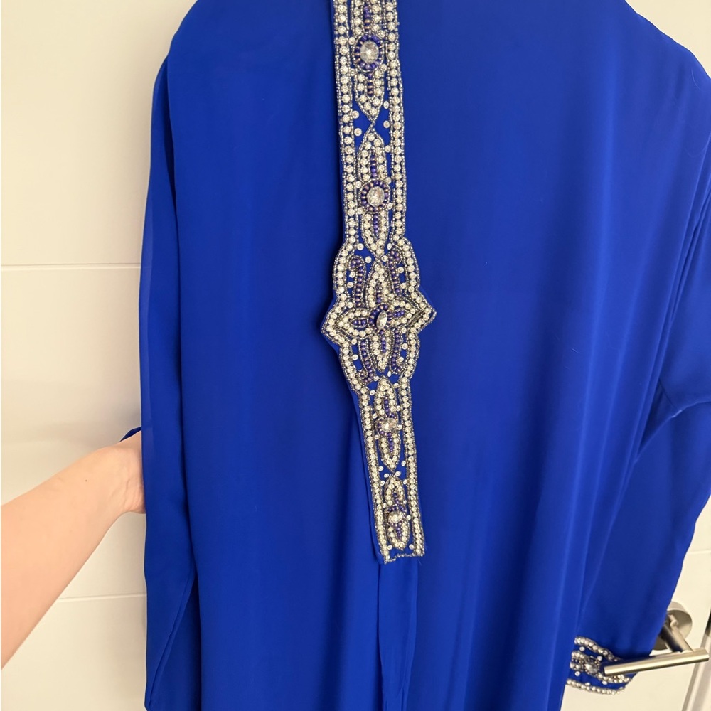 Embellished Royal Blue Evening Kaftan Dress with Beaded Detail - Picture 6 of 6